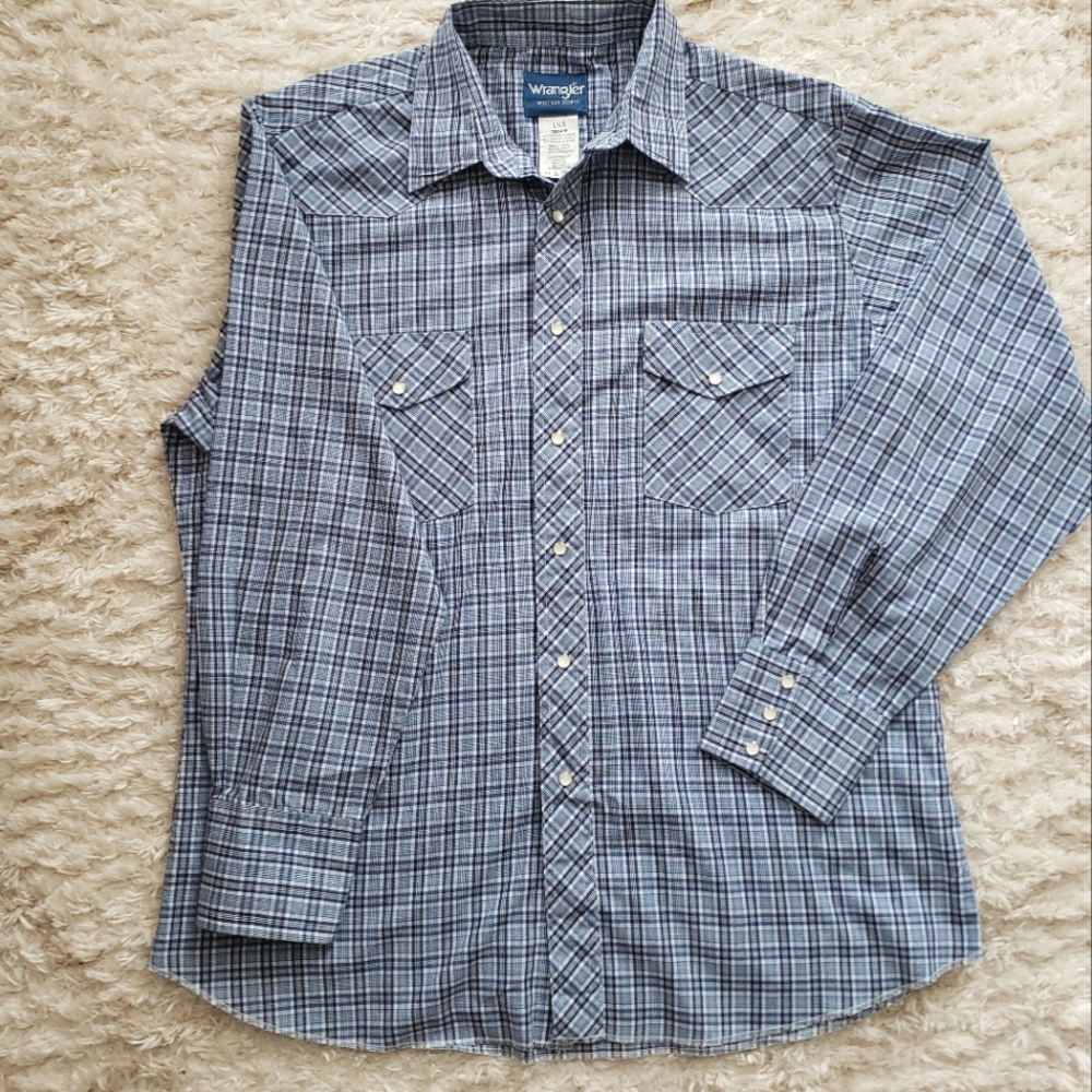 Mens Wrangler Plaid Blue Pearl Snap Longsleeve Size Large